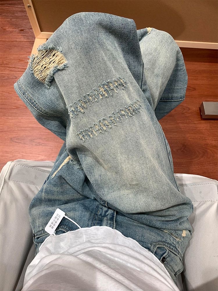 美式复古蓝破洞阔腿牛仔裤女2025春夏新款高腰显瘦宽松直筒拖地裤