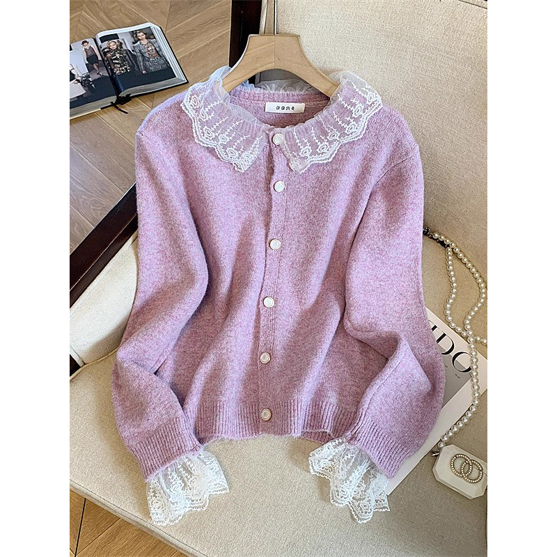 温柔甜美风蕾丝花边娃娃领针织开衫女秋冬新款小众宽松毛衣外套潮