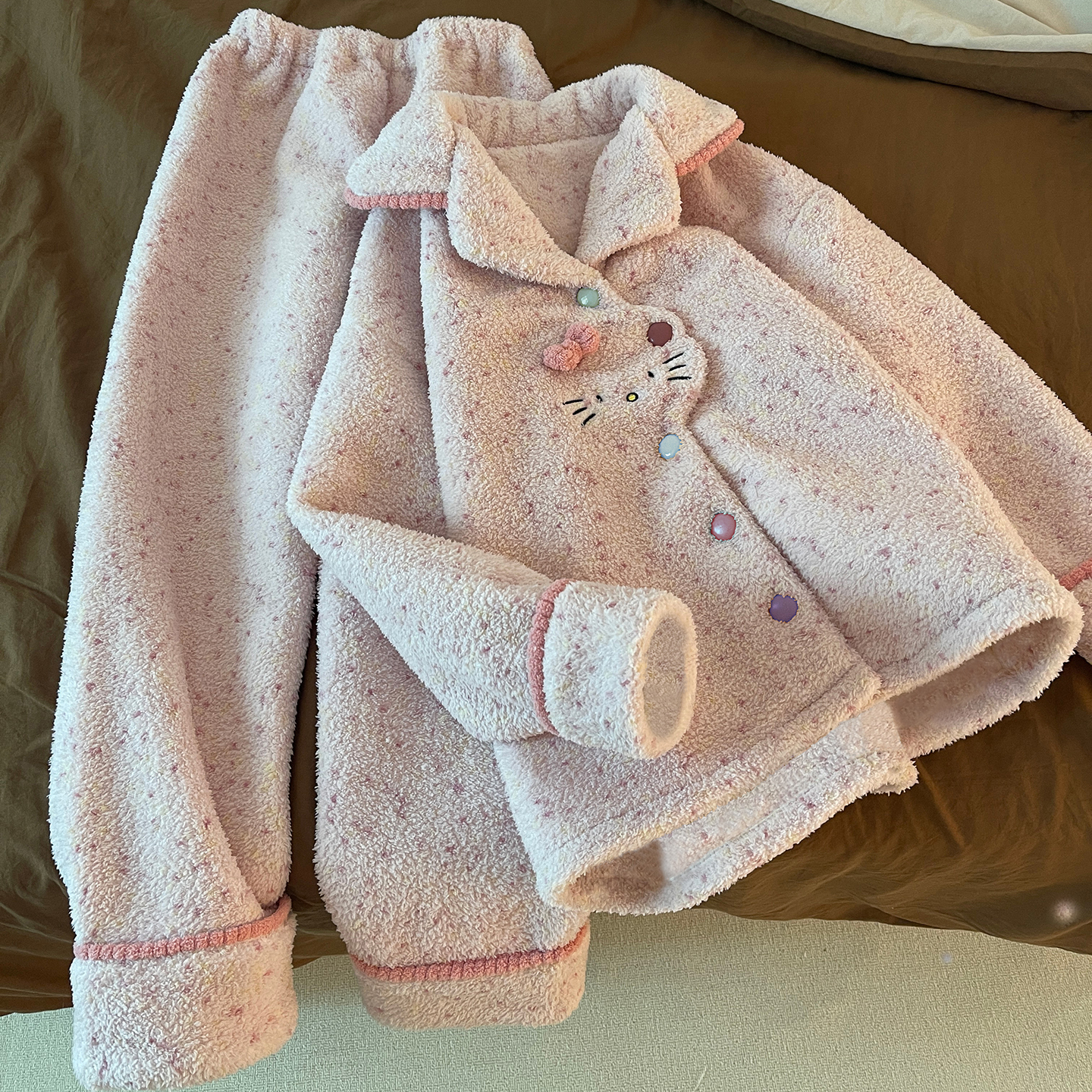 粉色猫咪睡衣女冬季加绒加厚珊瑚绒开衫甜美保暖半边绒家居服套装