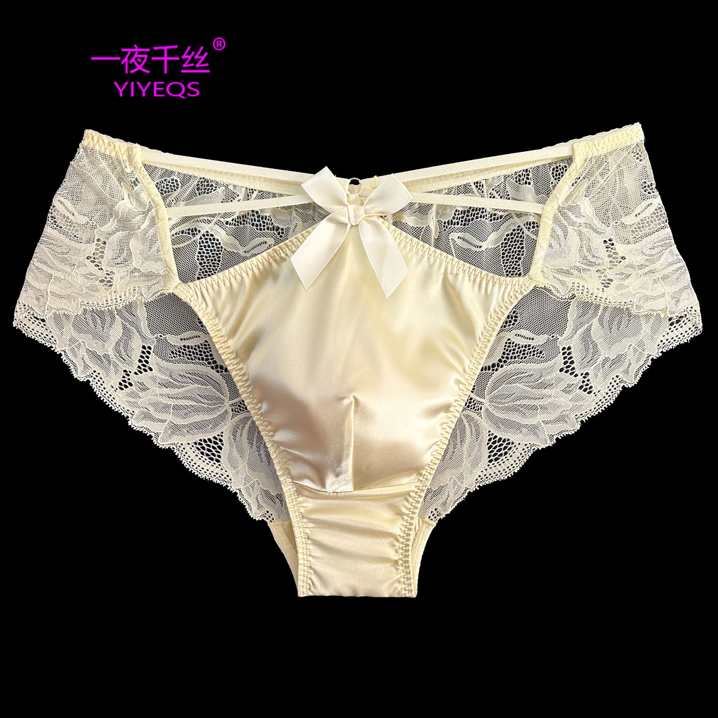 一夜千丝桑蚕丝性感男士三角裤中腰无痕蕾丝个性蝴蝶结点缀男内裤