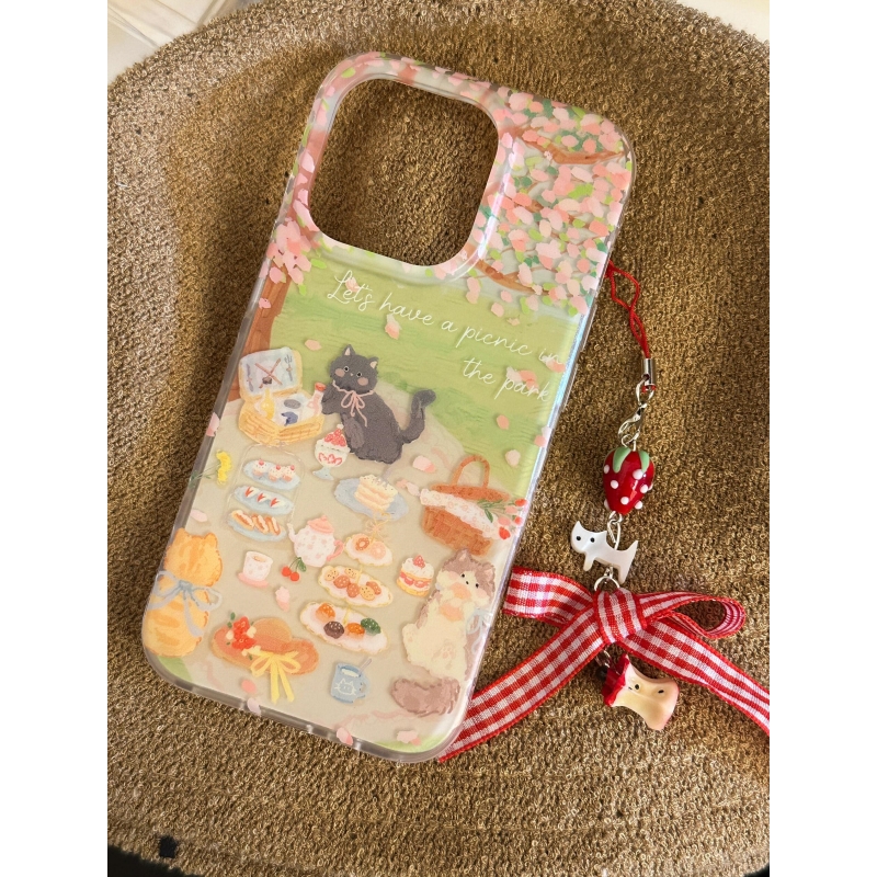 飞虎胜涂鸦野餐猫咪适用iPhone16大孔手机壳华为vivo小米15oppo套