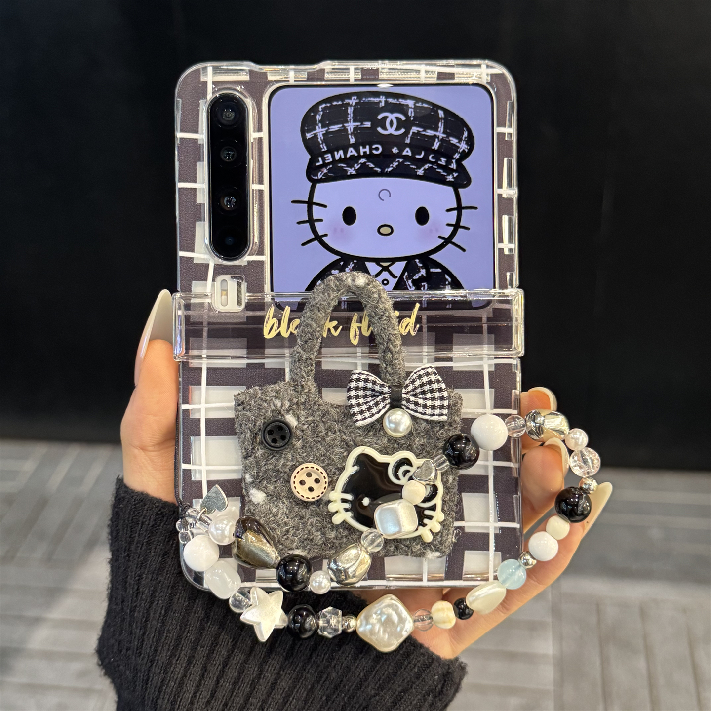 适用华为purax典藏版折叠屏手机壳pocket2黑白格纹绒布包包kt猫女