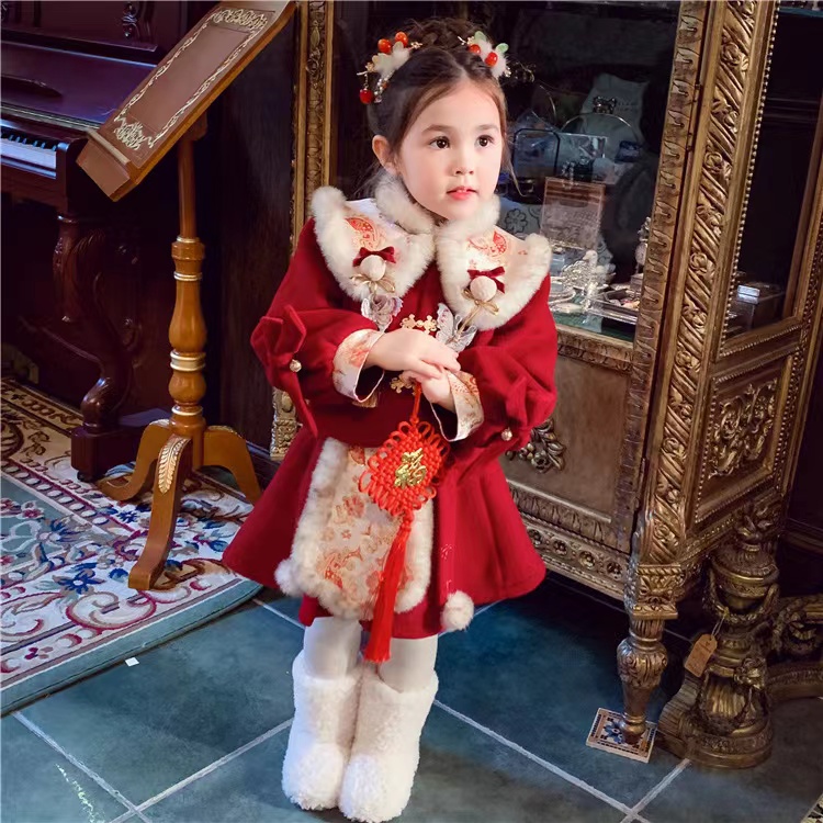 女童国风拜年服冬装2024新款洋气儿童加绒唐装外套女孩汉服套装裙