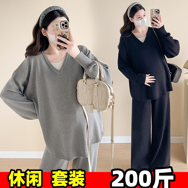 大码孕妇遮肚上衣长裤休闲套装秋冬装针织毛衣托腹裤两件套200斤