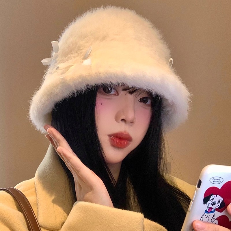 兔毛蝴蝶结毛绒渔夫帽女秋冬季显脸小水桶帽加厚保暖毛茸茸帽子