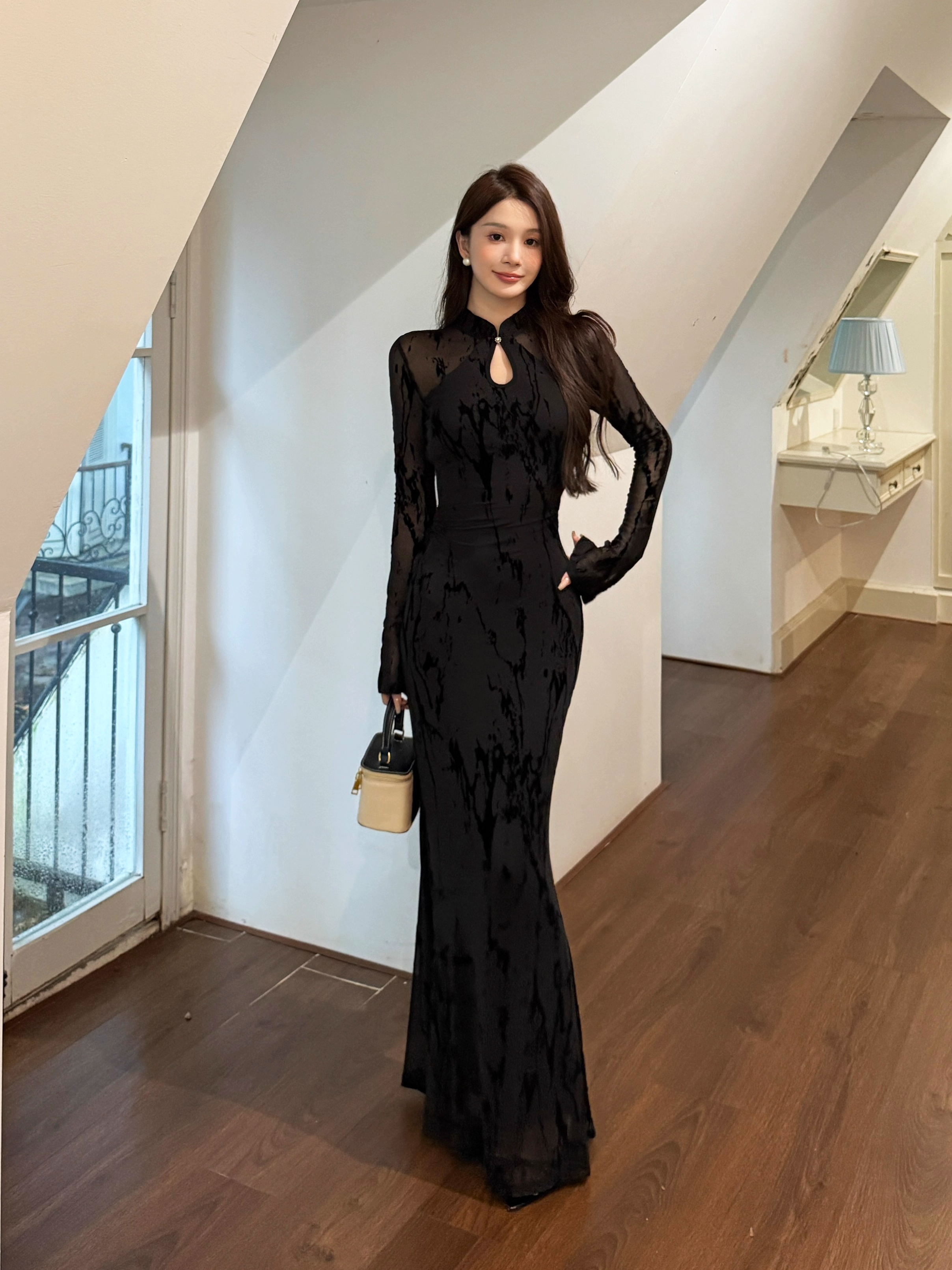秋季新中式改良旗袍黑色网纱连衣裙女秋季性感修身包臀长裙