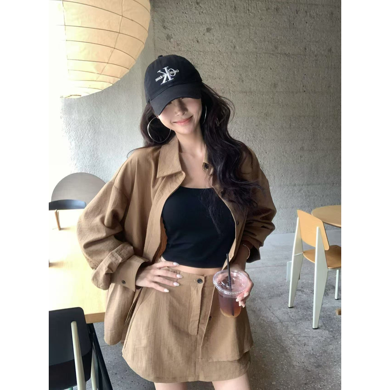 慵懒休闲卡其色宽松百搭长袖气质衬衫高腰显瘦休闲半身裙套装女夏