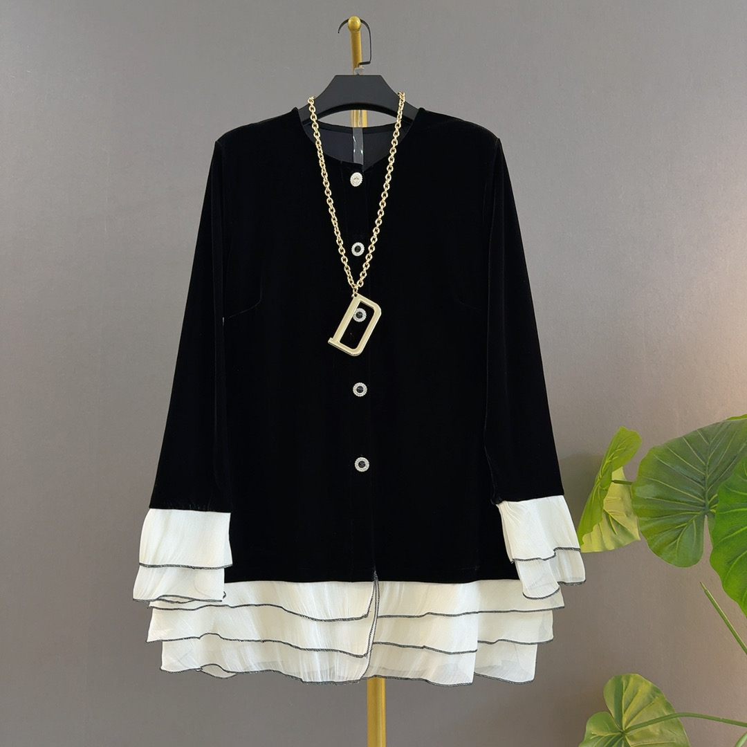 胖mm时尚圆领丝绒拼接雪纺宽松显瘦大码女装苹果型身材内搭上衣