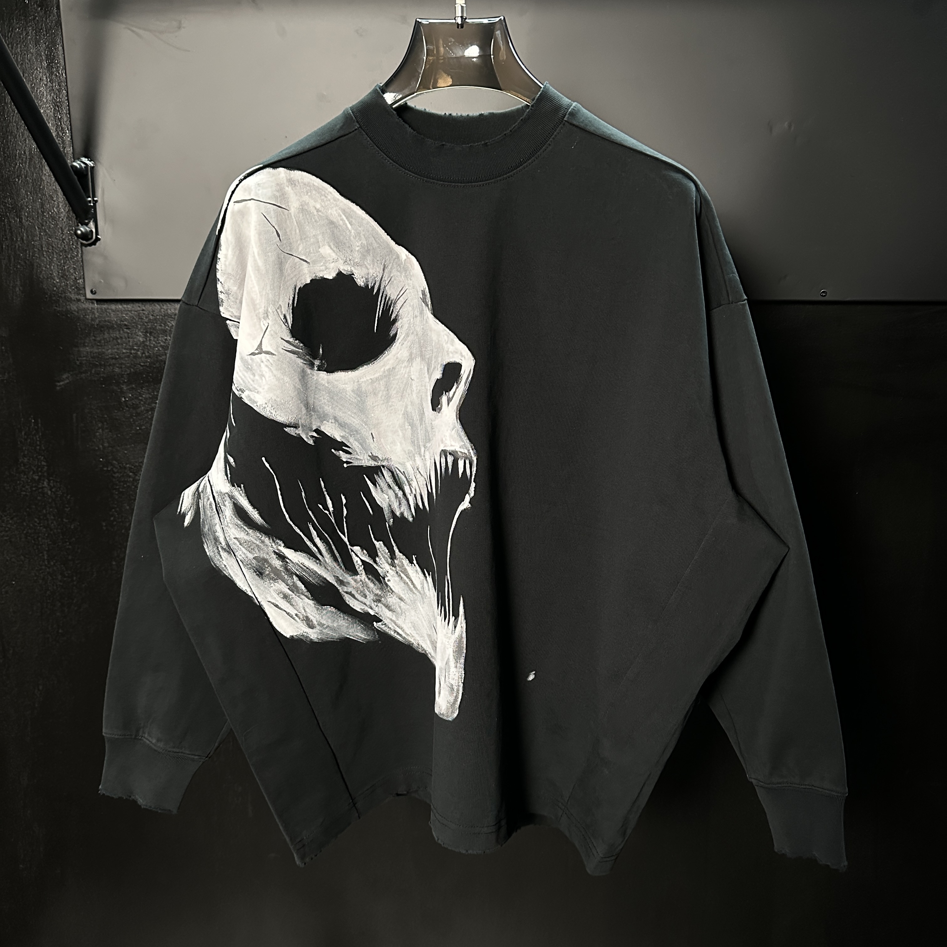 【冷目潮物质】手绘定制幽骨噬影T恤重磅400g蝙蝠袖宽松水洗长袖男