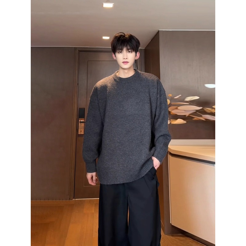 深灰色高级感毛衣男生秋季韩穿搭慵懒风针织衫圆领内搭打底衫上衣