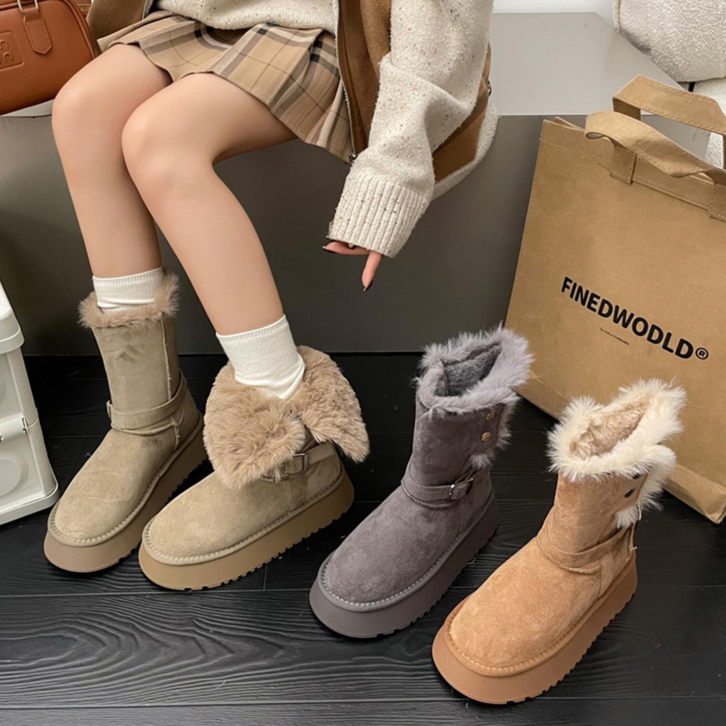 【万达撤柜】翻边厚底两穿毛毛雪地靴女2025冬季新款增高显瘦防滑东