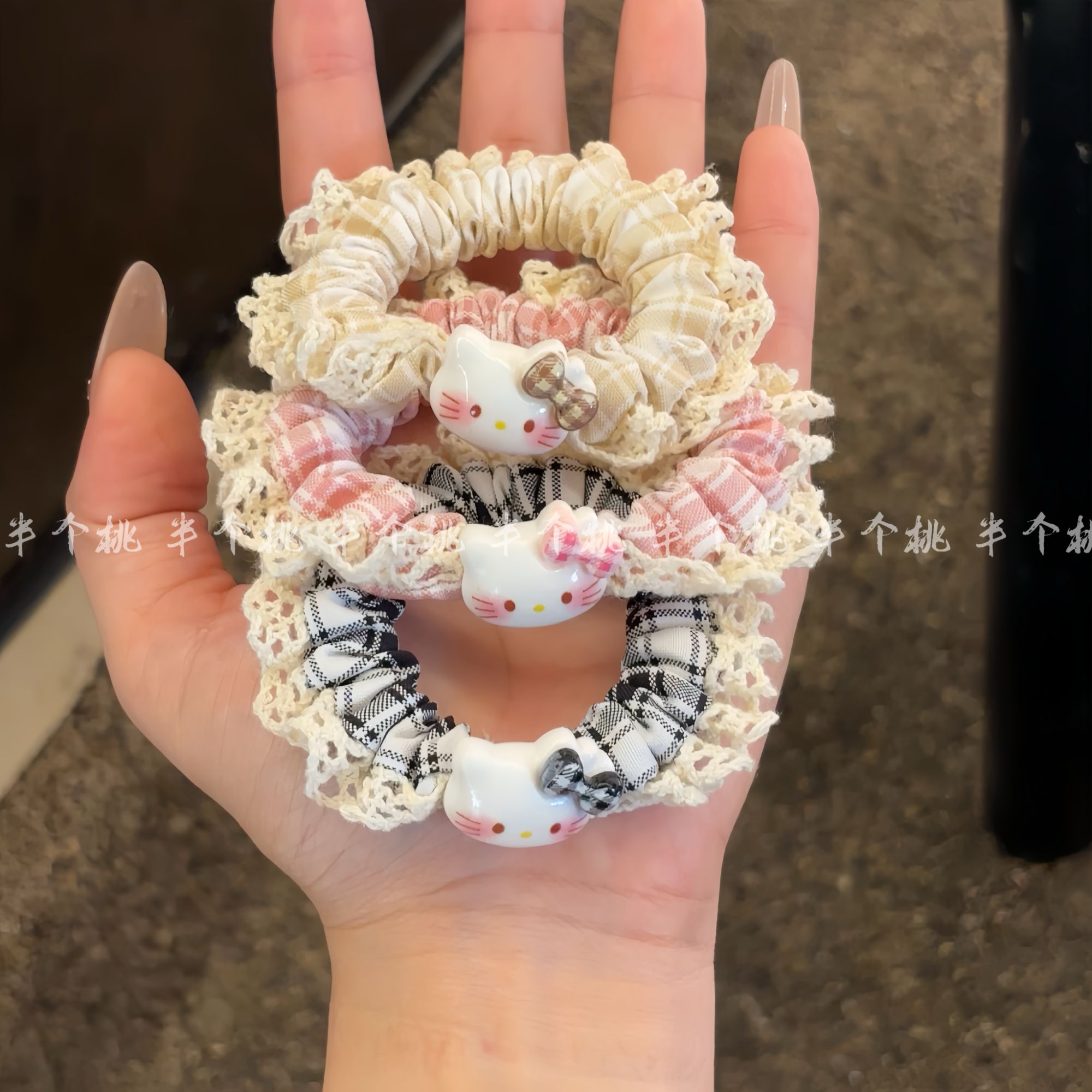 新款甜美蕾丝花边kt猫发圈简约少女马尾小肠圈高颜值ins可爱发绳