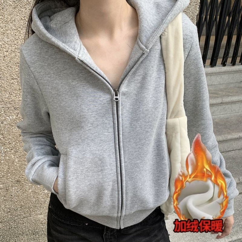 慵懒风纯色百搭连帽卫衣外套女秋冬季修身显瘦拉链开衫长袖上衣潮