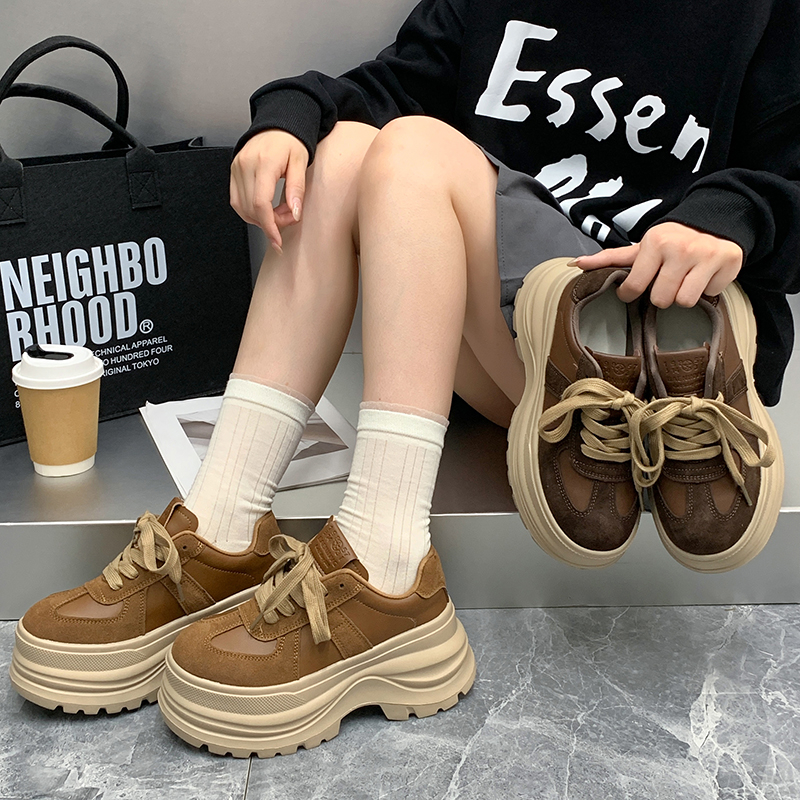 【增高7CM】新款真皮德训鞋女松糕厚底小个子轻便休闲鞋百搭阿甘鞋