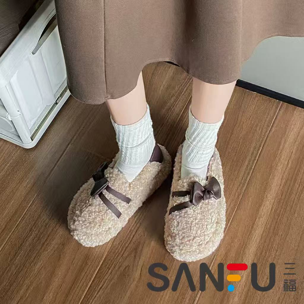 三福毛毛拖鞋女2025年新款秋冬加绒包跟棉鞋一脚蹬毛茸茸两穿