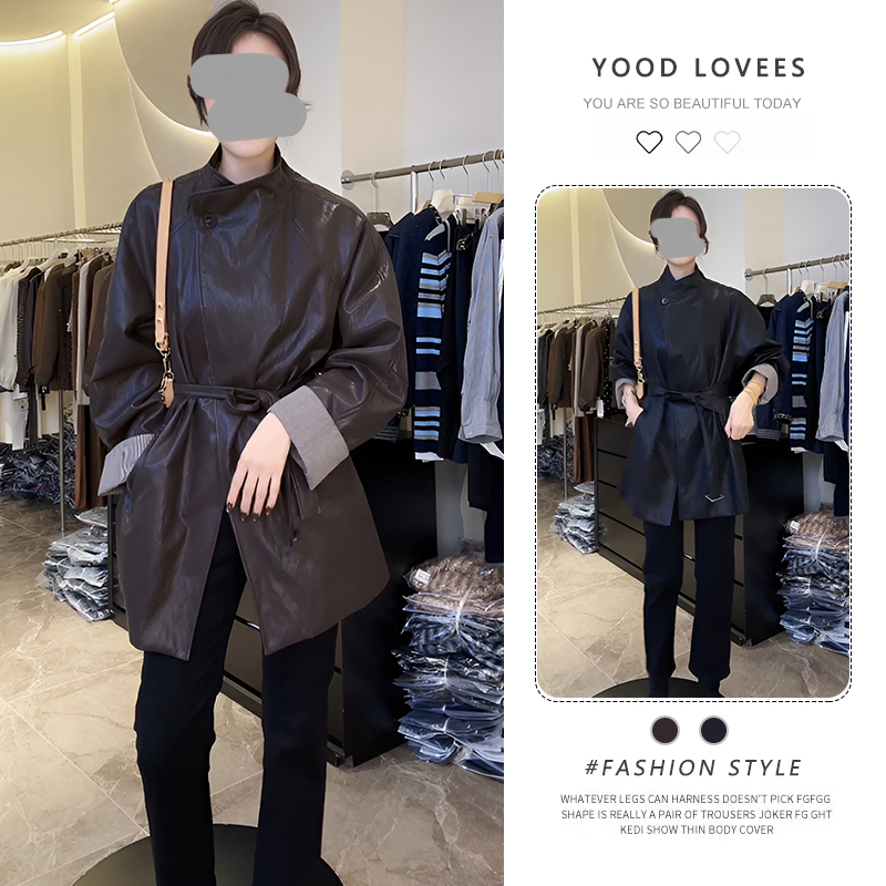 甜酷时髦立领格纹拼接皮衣绑带外套女2025春秋季新款气质减龄风衣