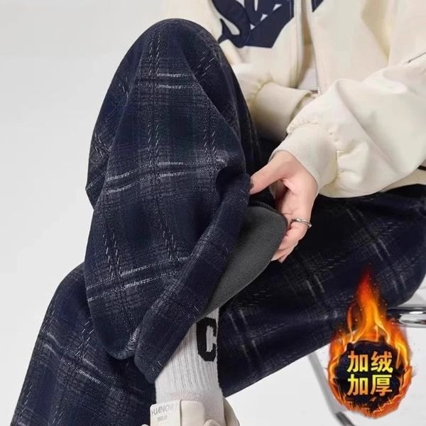 毛呢格子裤女2025秋冬加绒复古高腰显瘦休闲裤宽松百搭直筒阔腿裤