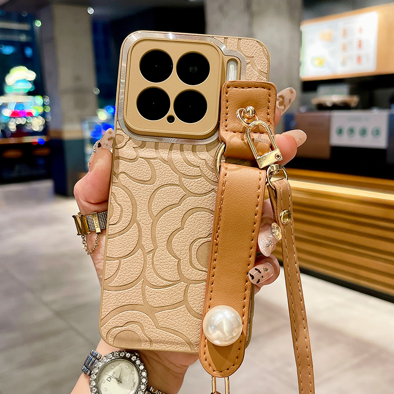 皮质山茶花适用小米15手机壳腕带斜挎可背网红同款轻奢高级感小众