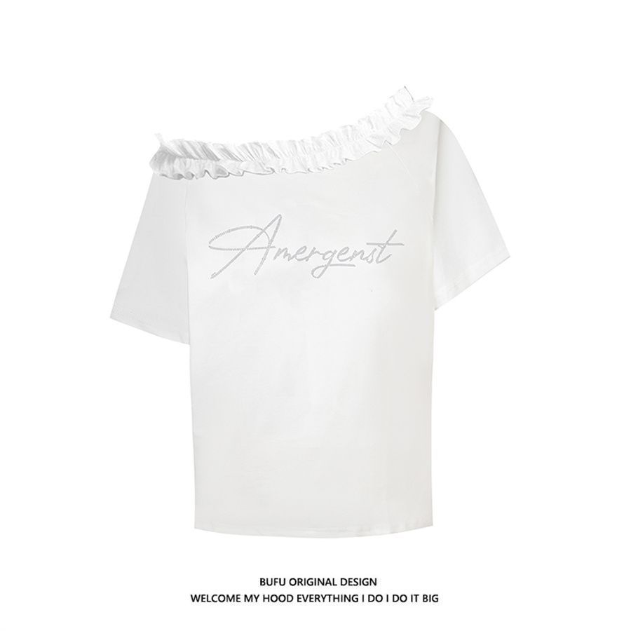 【ZHAP】烫钻字母花边领口斜肩露肩宽松短袖t恤女辣妹风韩版烫钻