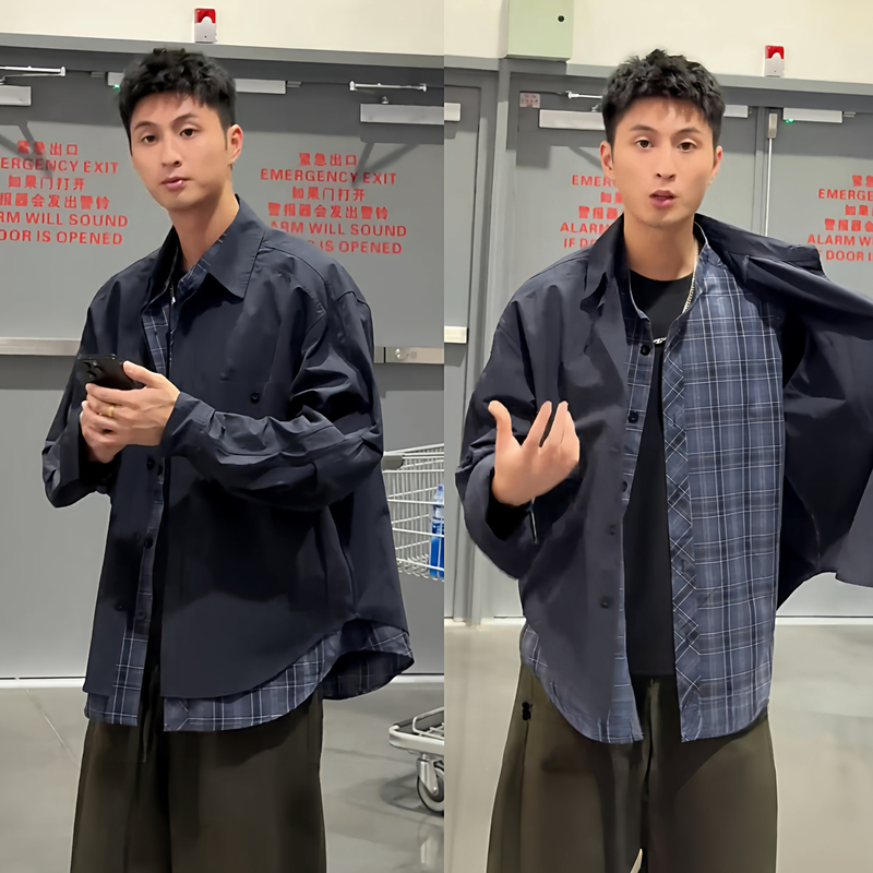 2025秋季复古休闲假两件衬衫外套男日系潮牌宽松百搭翻领夹克上衣