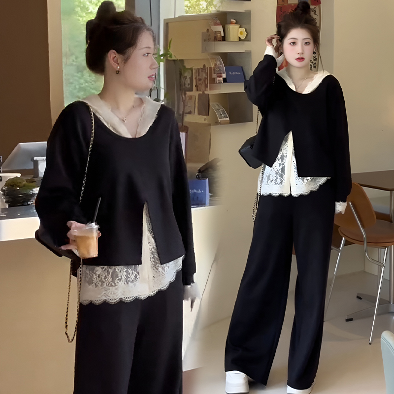 春秋时尚高级感裤套装女2026新款蕾丝拼接上衣显瘦长裤休闲三件套