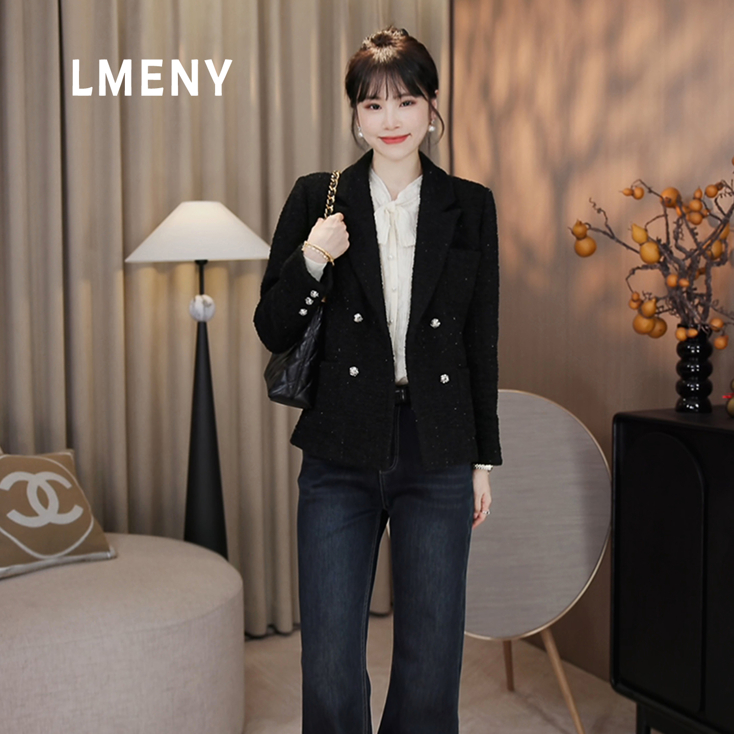LMENY“黑闪西装”鎏金小调～双排扣贵气小香风羊毛西装外套25DW003
