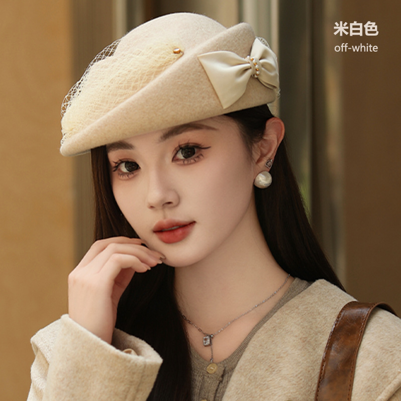 澳洲呢时装帽子保暖冬天女秋冬毡帽白色百搭礼帽蝴蝶结贝雷帽批做