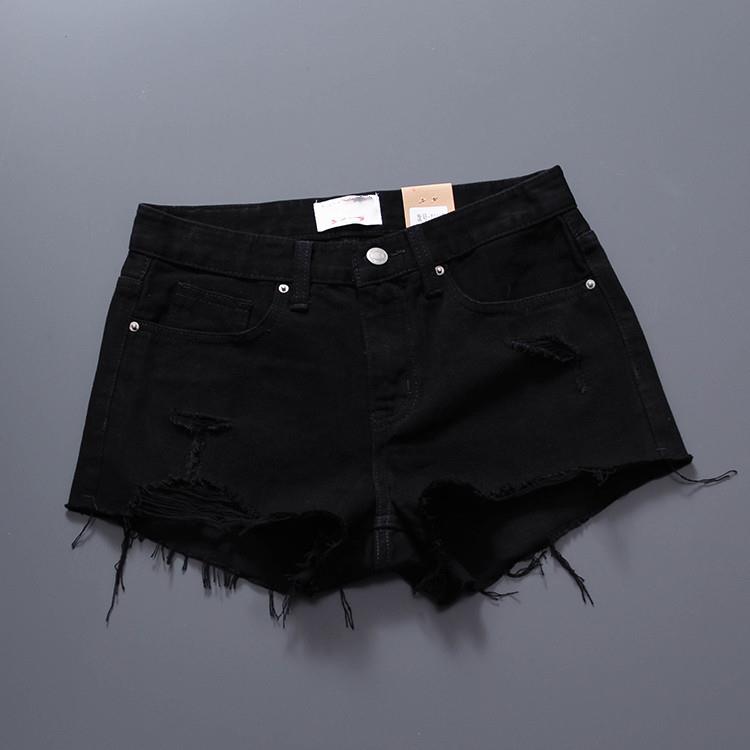 FAVMARTHA2025夏季新品欧韩版牛仔短裤女中低腰黑色破烂洞超短裤
