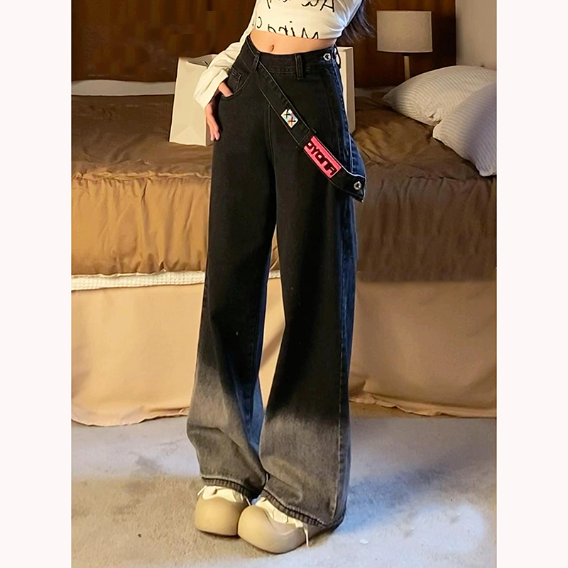 大码美式侧边拉链渐变色垂感牛仔裤女春季新款高腰宽松百搭阔腿裤