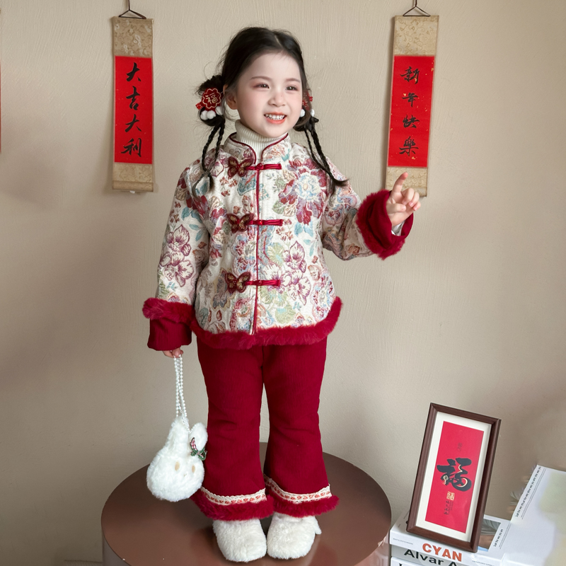 女小童加绒冬季汉服套装蝴蝶扣年服女宝宝加厚唐装新年装保暖国风