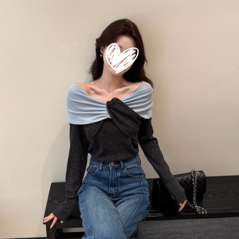 2025秋冬新款韩系高级设计感扭结拼色气质修身显瘦一字肩百搭上衣