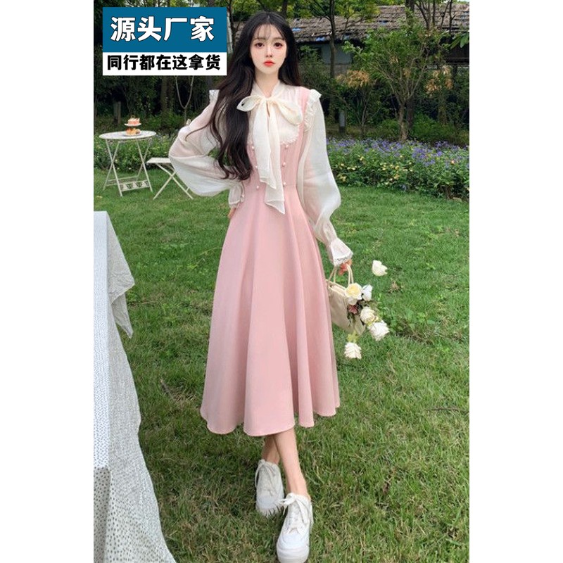 梵乐芬大码女装春秋甜美气质少女长袖连衣裙胖mm收腰修身假两件套