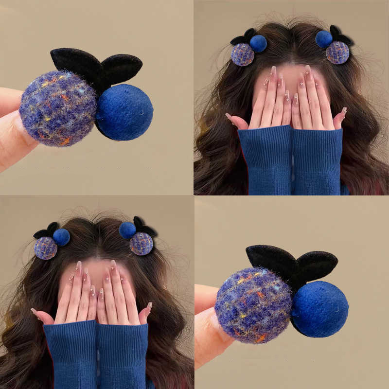 毛呢蓝色~毛线樱桃小抓夹网红纽扣发夹少女毛球刘海夹顶夹女秋冬