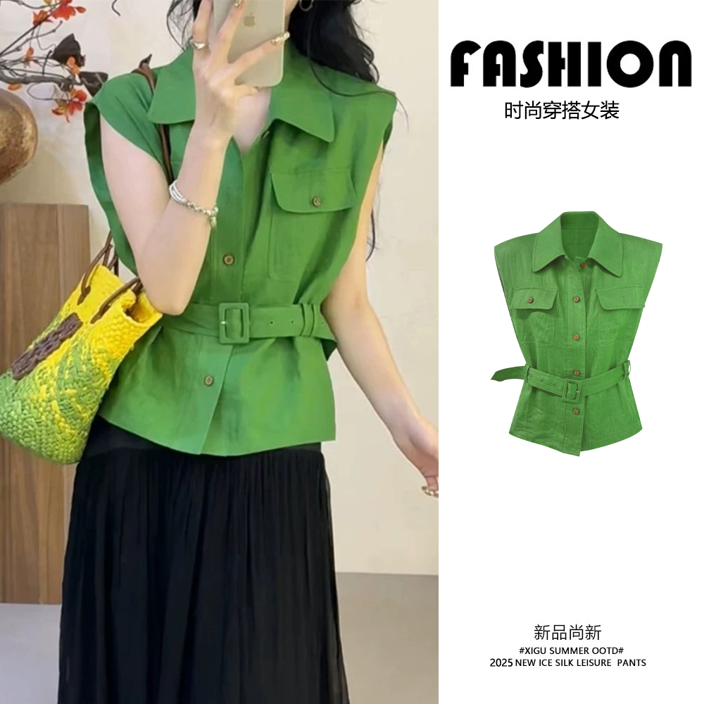 牛油果绿色坎肩腰带衬衫女夏季高知穿搭法式显白上衣独特漂亮衬衣