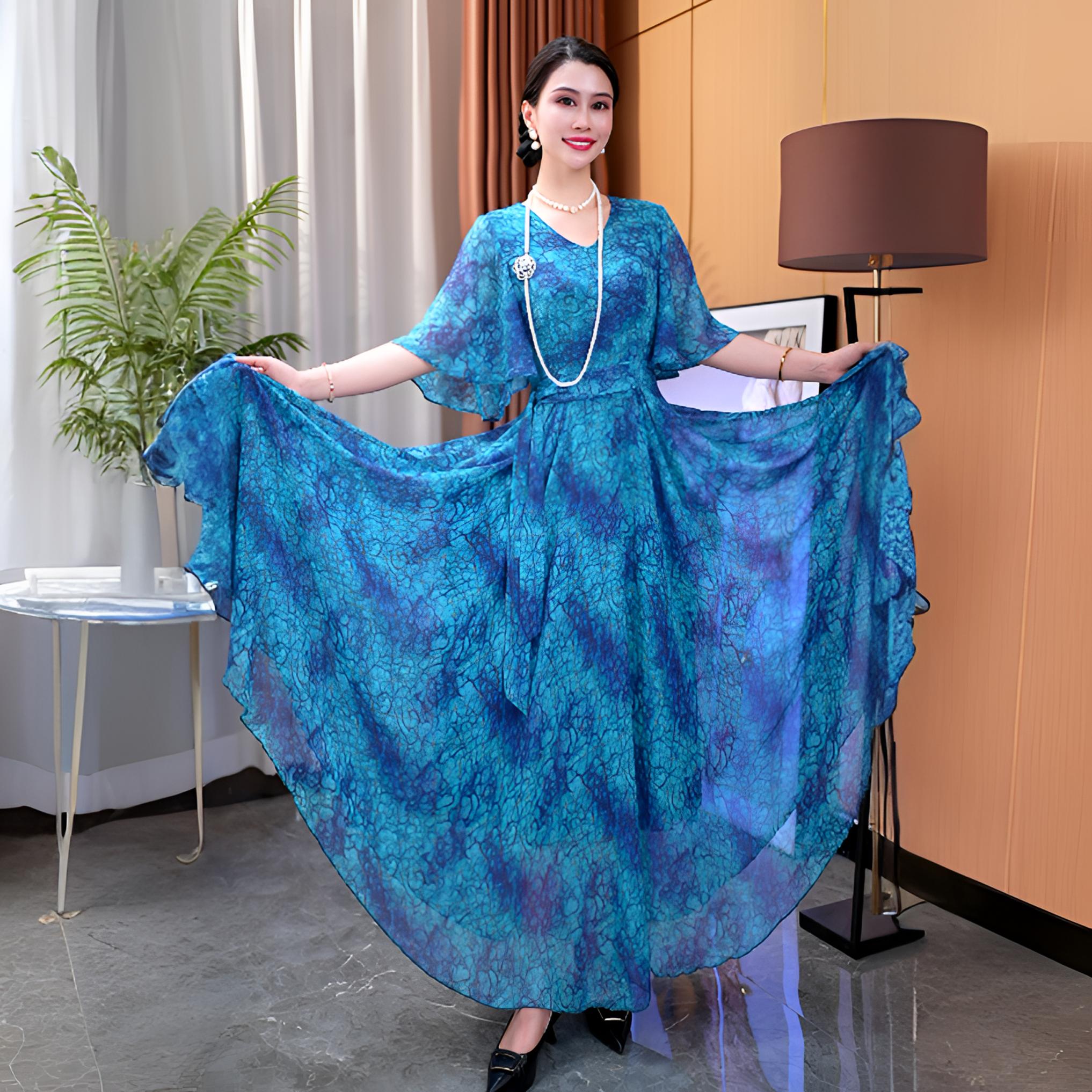 香衣丽华61-383夏季新款五分袖喇叭袖长款过膝大摆连衣裙修身显瘦