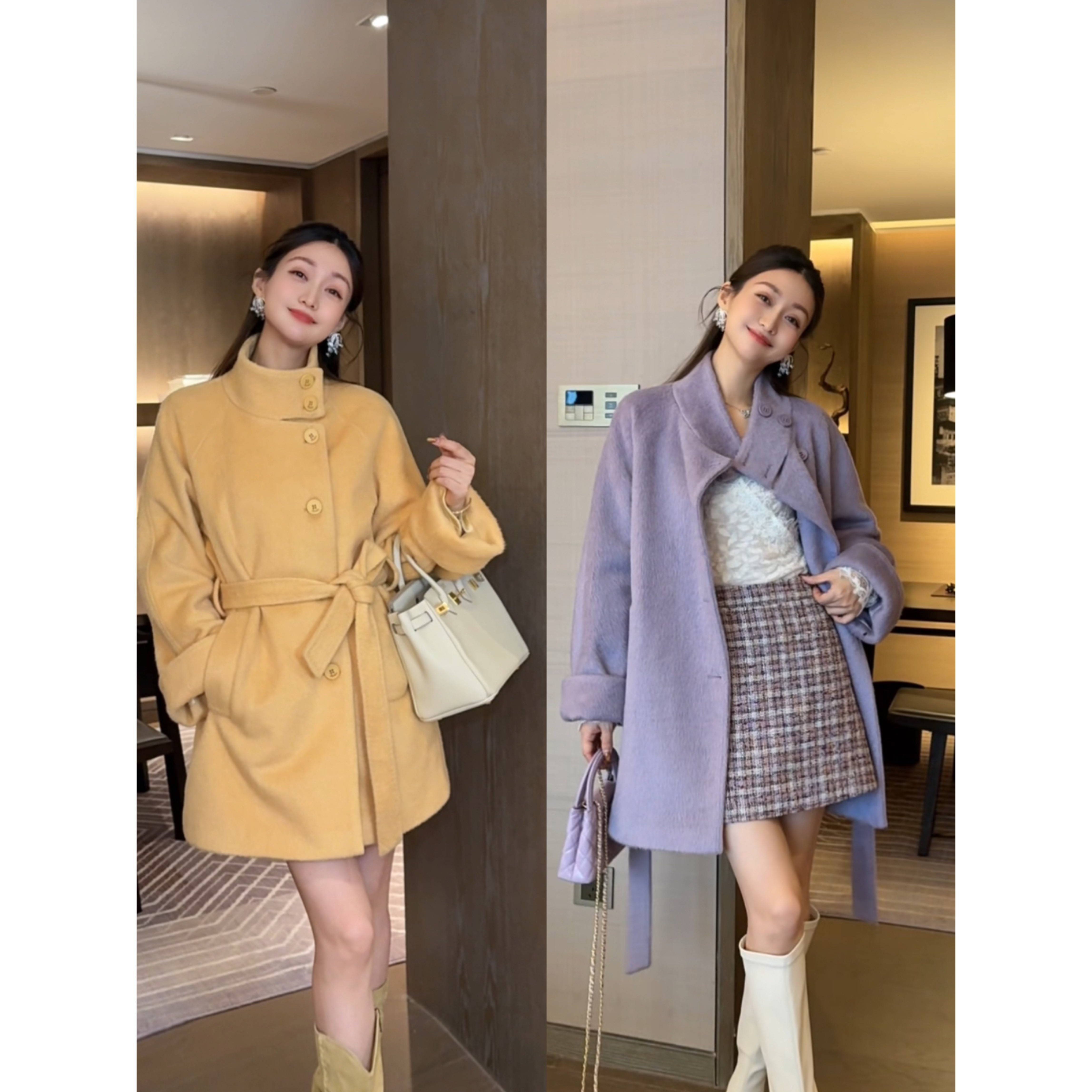 W·HAHA【现货】【许我耀眼】高级感立领系带长款羊毛呢子大衣92011