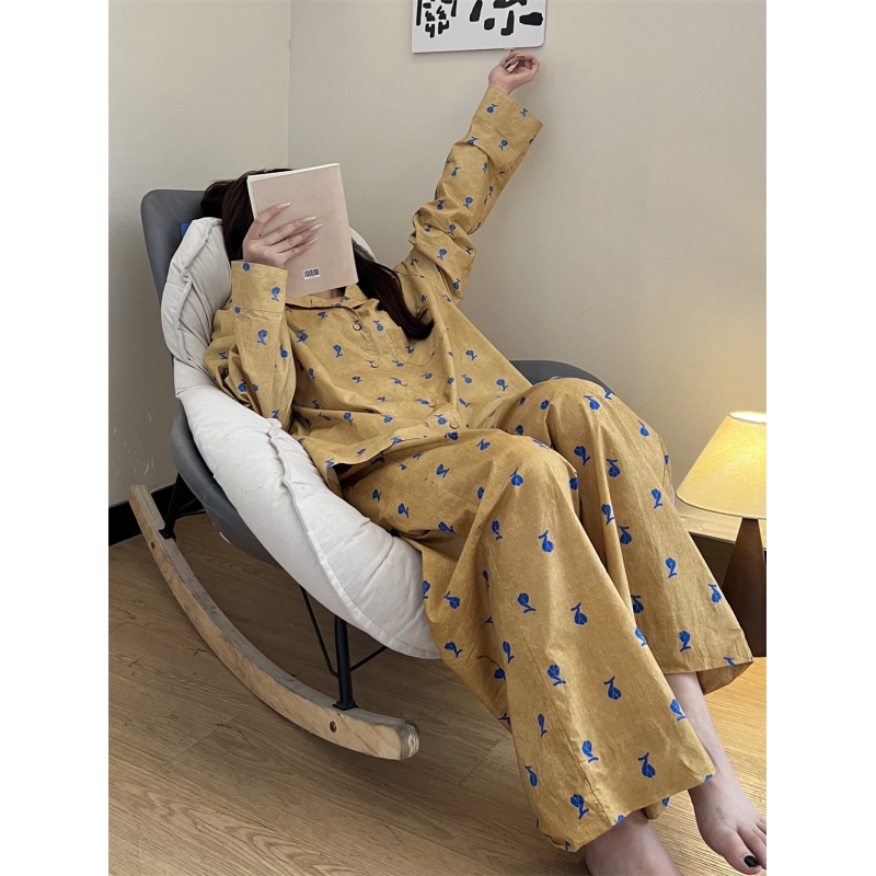 韩系少女简约风撞色印花长袖睡衣女款春秋休闲宽松长裤套装家居服