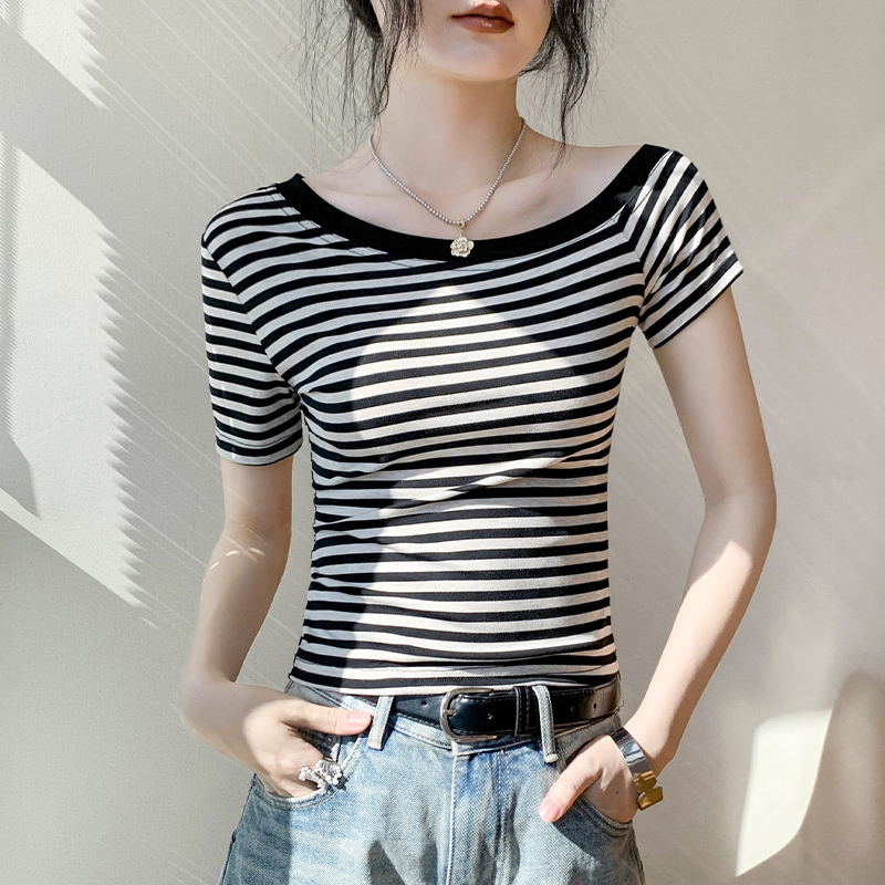 撞色条纹短袖T恤女设计感小众修身显瘦ins小心机别致衬衫内搭上衣