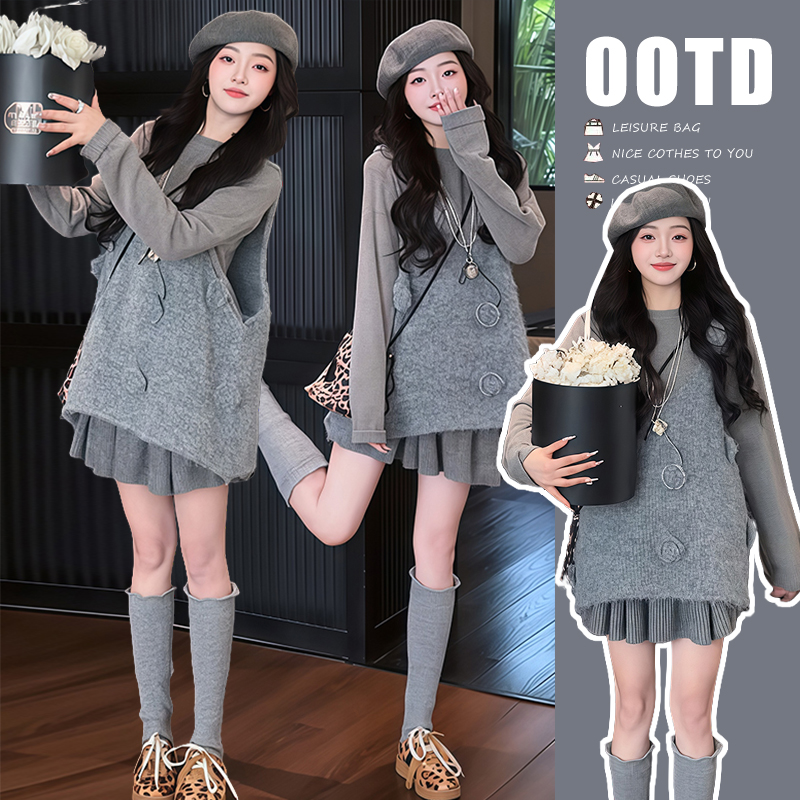 超火秋季穿搭一整套女孕妇新款韩版花朵马甲打底衫高腰短裙三件套