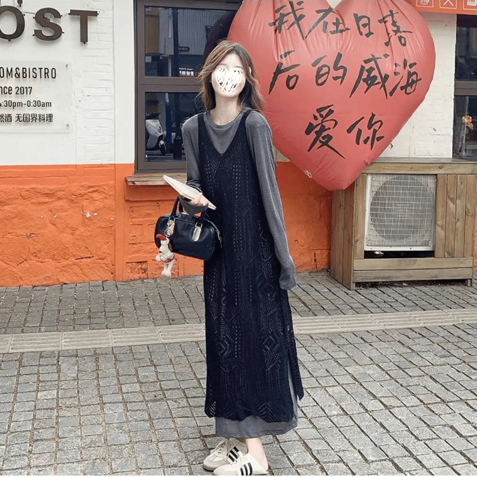 时尚早秋氛围感穿搭叠穿镂空罩衫连衣裙套装女韩系宽松长裙两件套