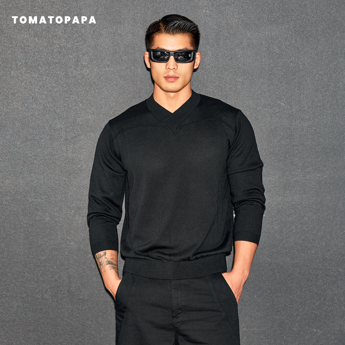 TOMATOPAPA莱赛尔V领长袖针织衫男士套头羊毛衣穿搭休闲打底毛衣