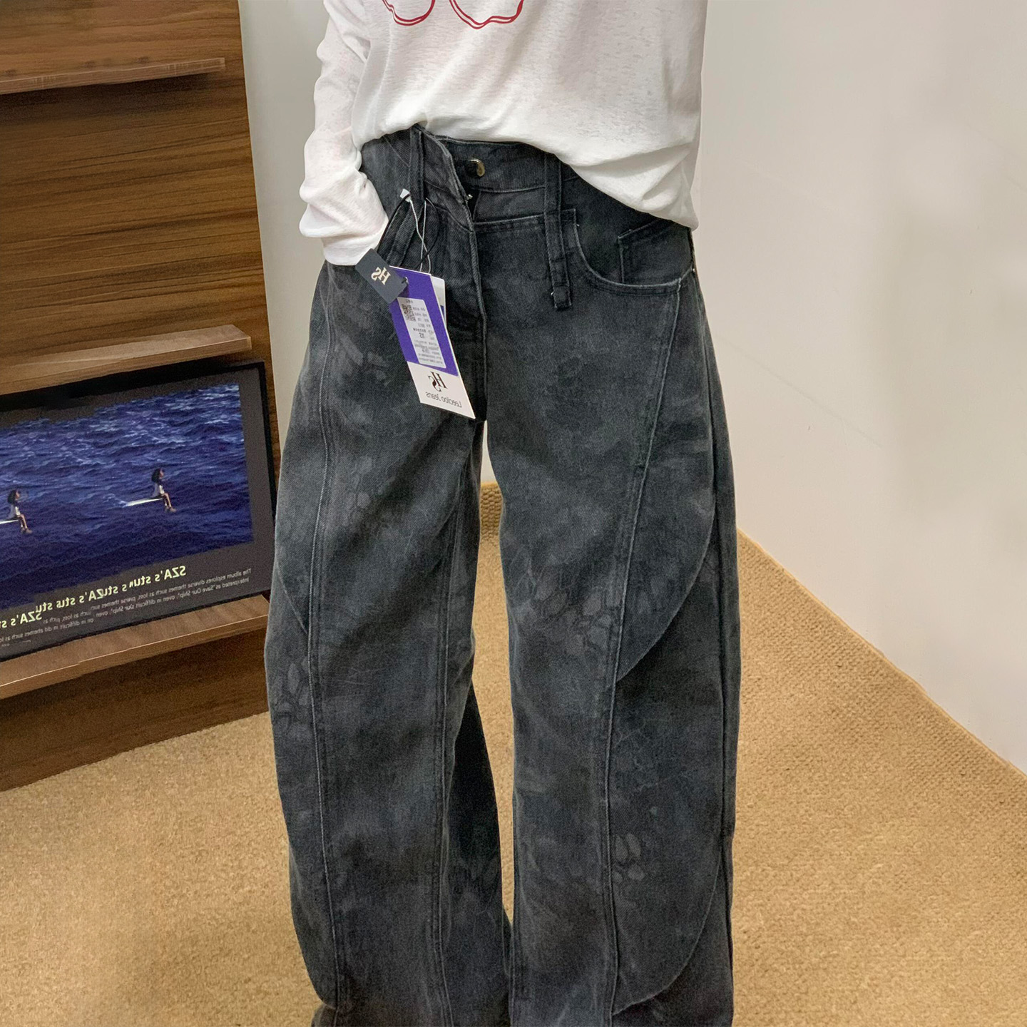 迷彩印花设计感阔腿工装裤女秋冬大码胖mm梨形身材高腰显瘦牛仔裤