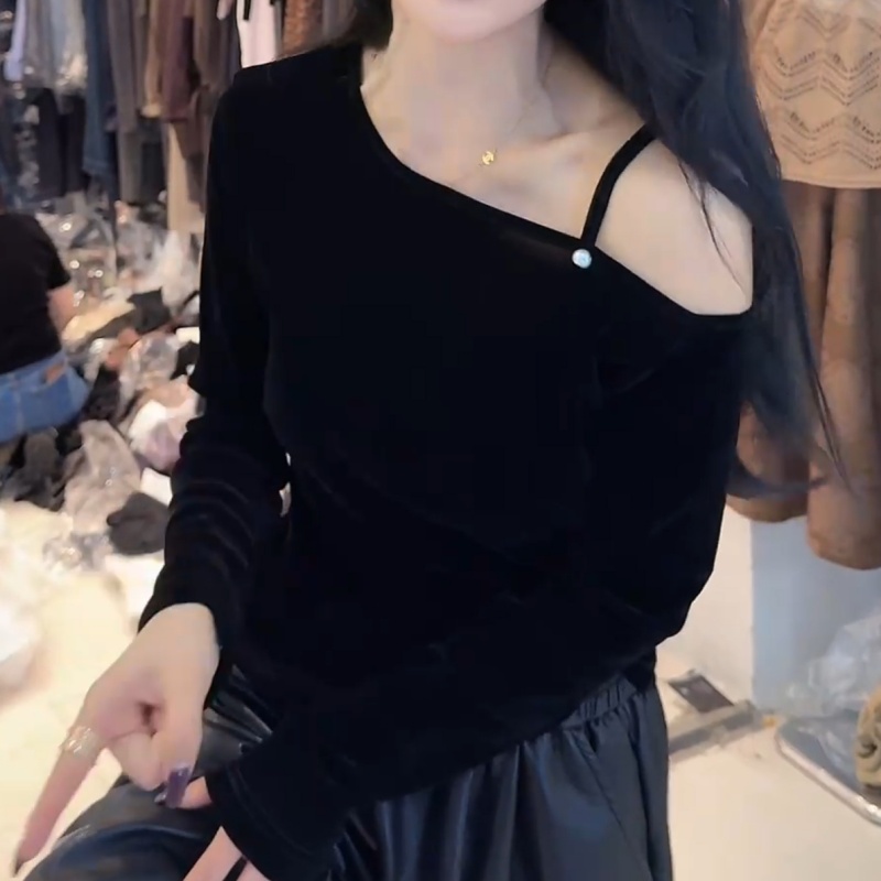 韩系百搭新款设计感休闲气质显瘦斜肩T恤可外穿长袖上衣LK2505827