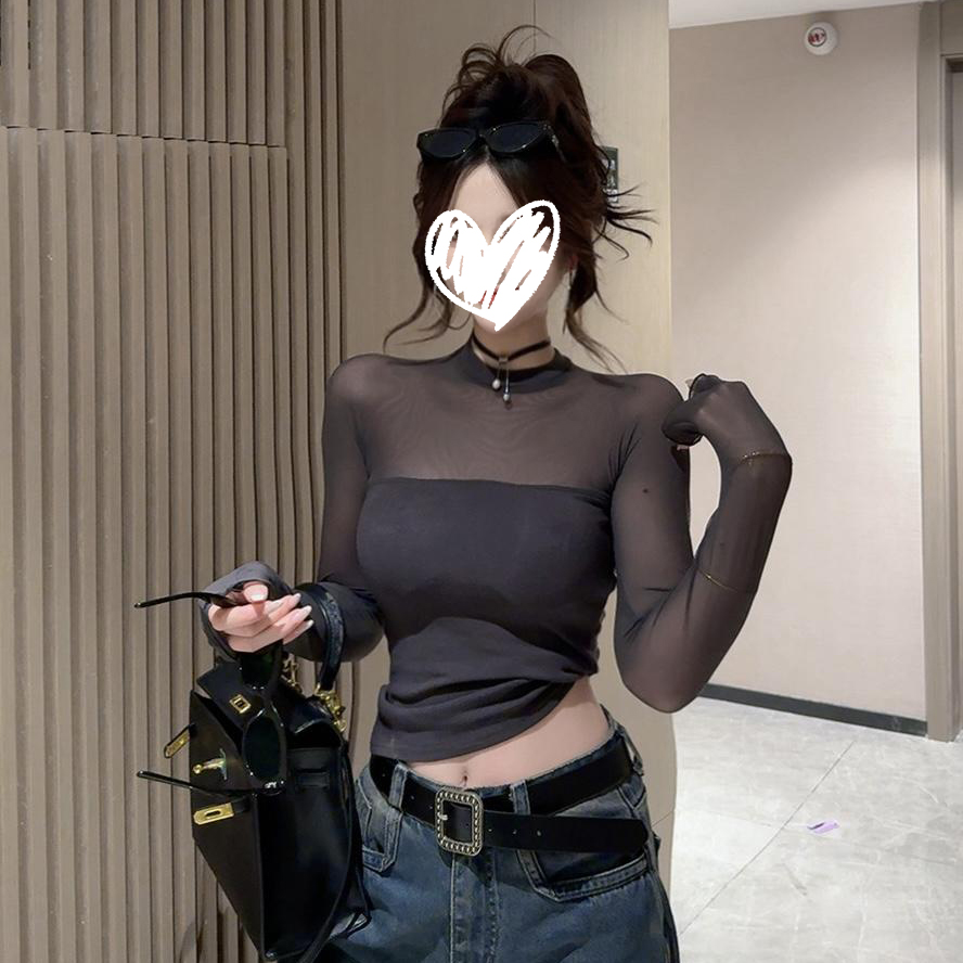 纯欲辣妹长袖T恤女2025早秋新款韩版设计感网纱拼接性感打底上衣