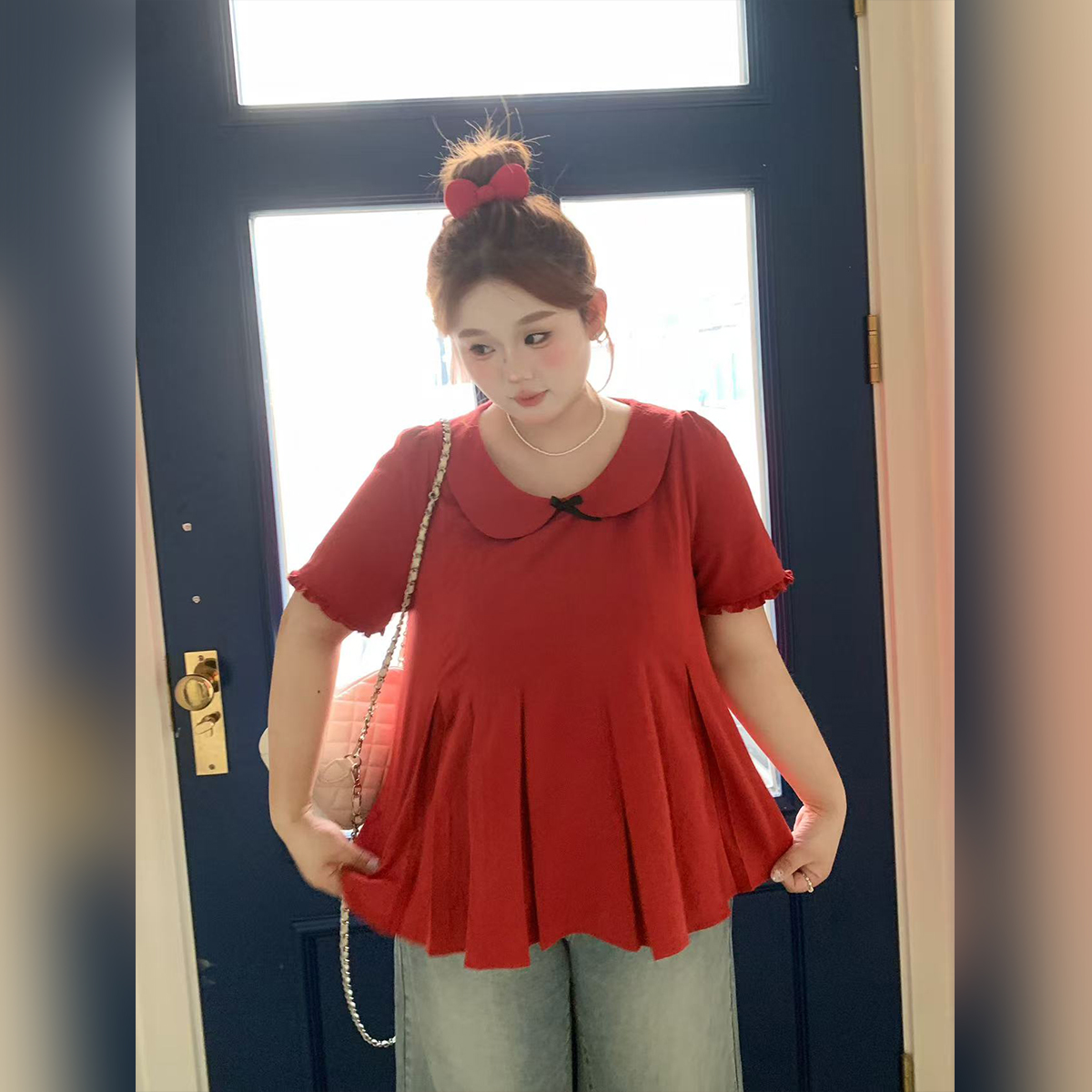 徐达布【赋薇瑟诗】大码法式短袖衬衫女微胖红色衬衣C35954C52