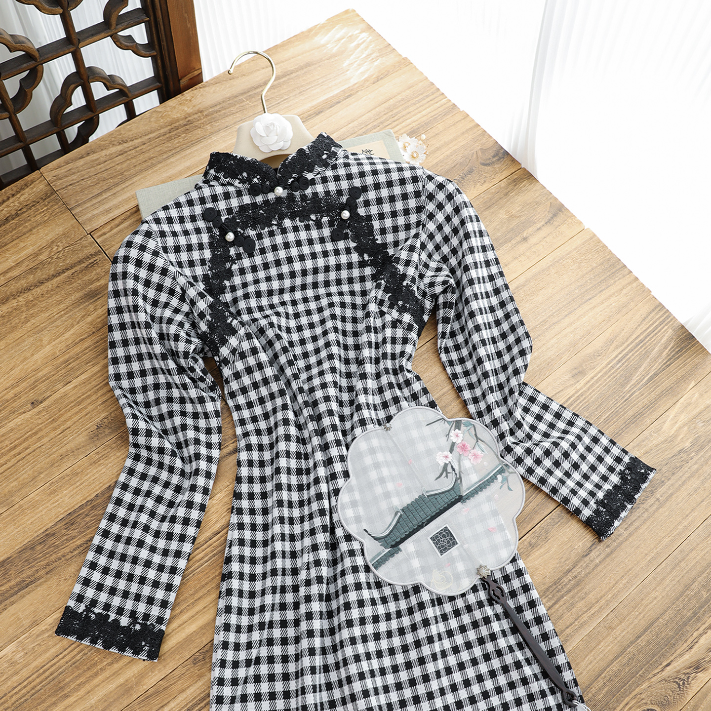 俏娘鱼黑色格子新中式改良长袖旗袍女2025秋季新款日常可穿年轻款