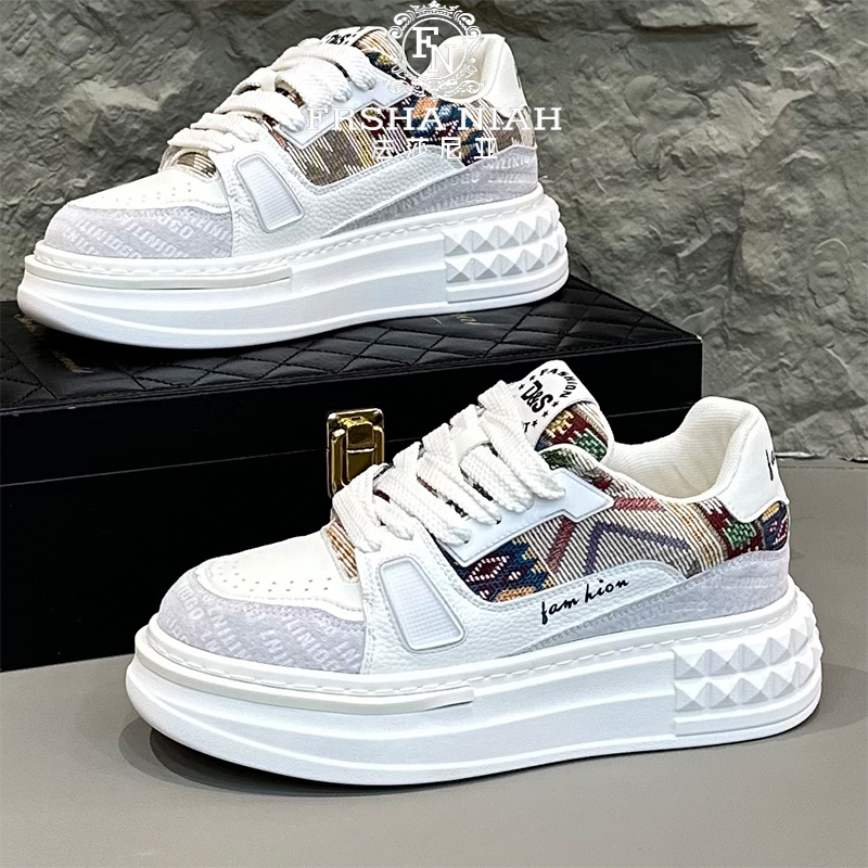 法莎尼亚新款拼色板鞋轻奢潮流刺绣印花厚底增高百搭韩版休闲男鞋