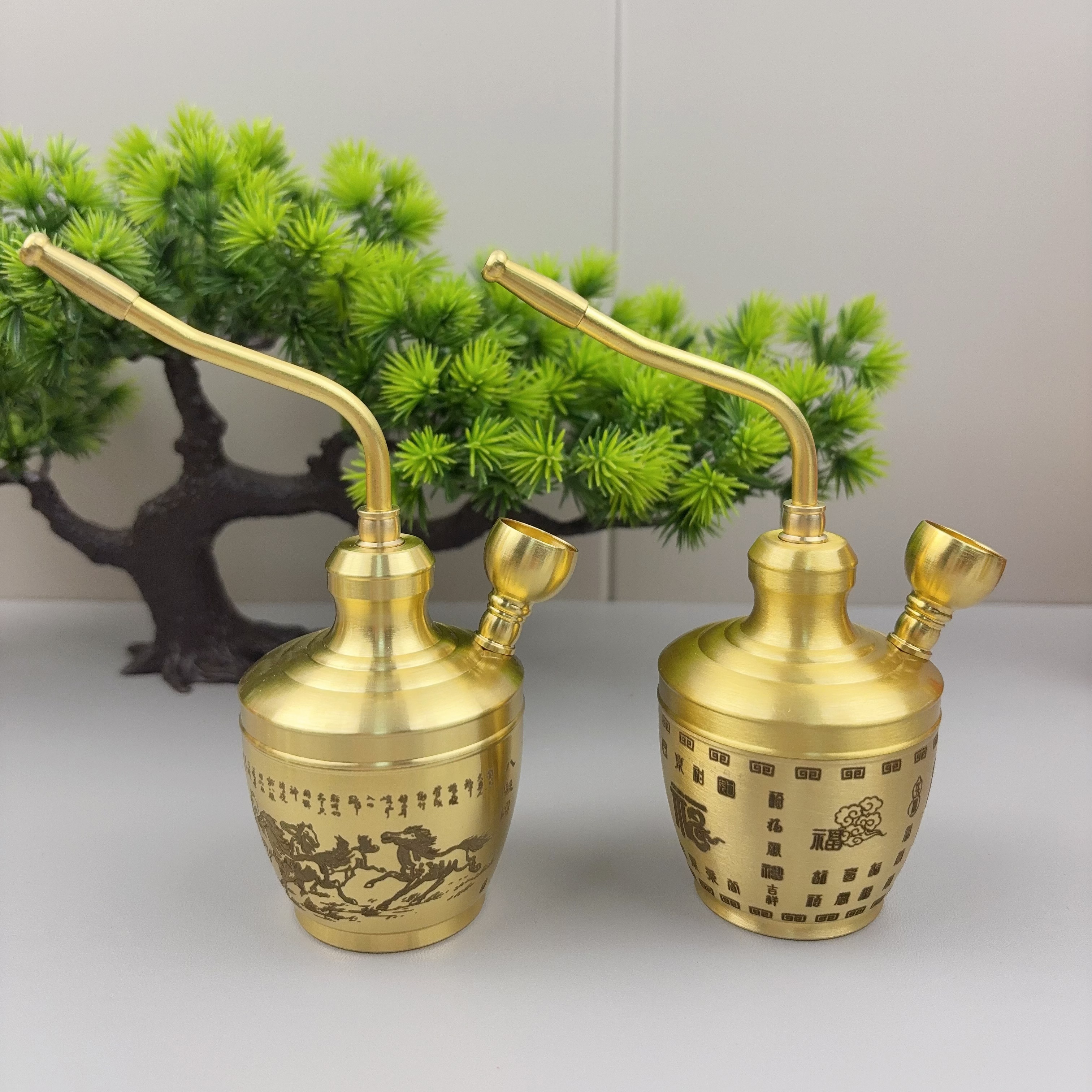 新款马到成功百福加厚升级双重过滤纯黄铜材质健康过滤水烟壶摆件