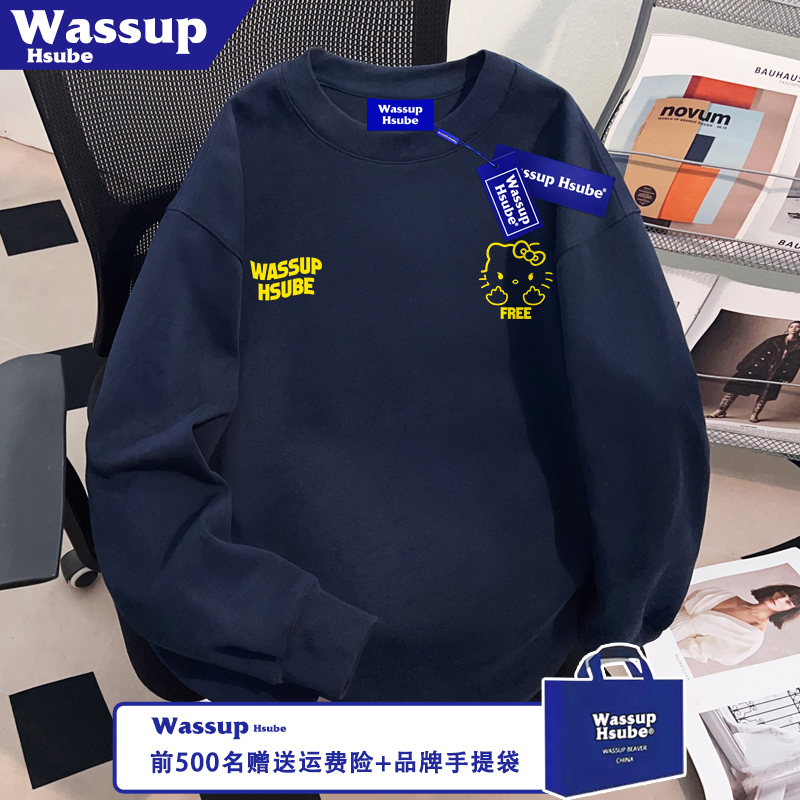 WASSUP HSUBE藏青色上衣流行凯蒂猫印花T恤ins秋季男女100%棉长袖