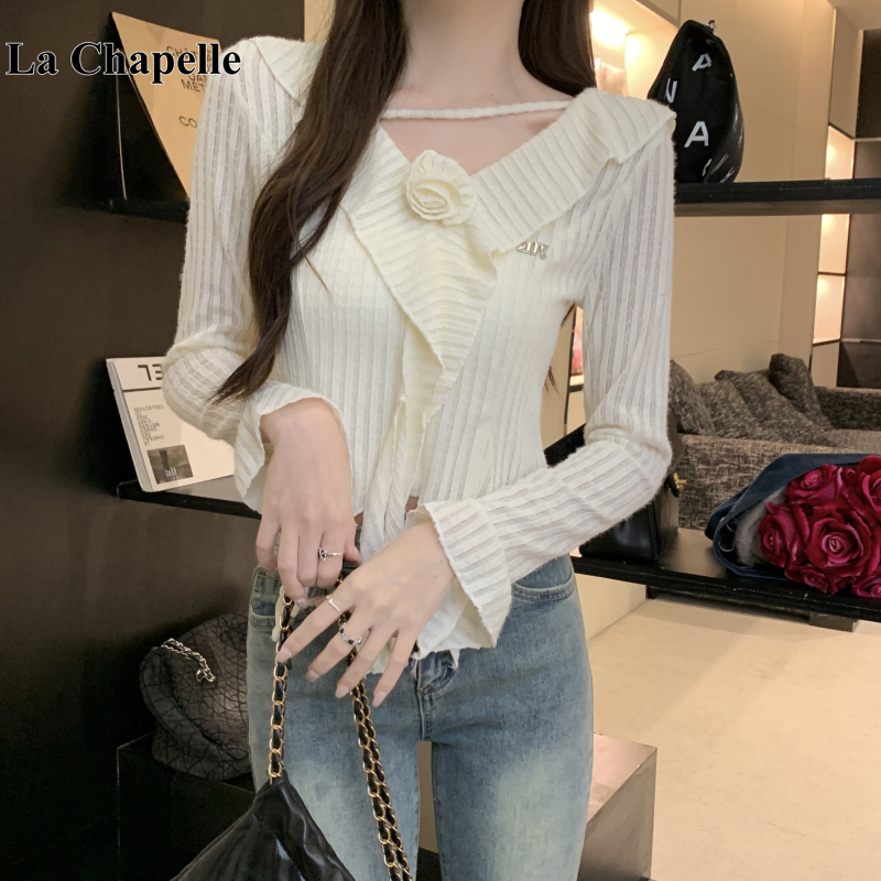 拉夏贝尔法式荷叶边v领喇叭袖t恤女秋装2025新款显瘦小众女士上衣